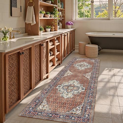 Washable Area Rug 2'6'' x 8' Vintage Traditional Persian Mat - Foldable Distressed Non-Slip Machine Washable Carpet for