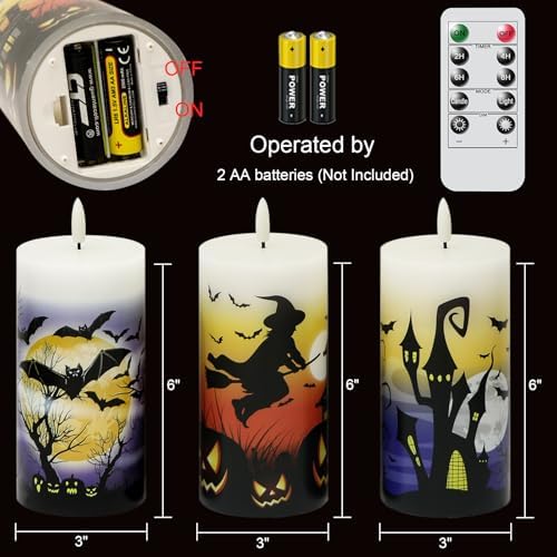 Halloween Flameless Pillar Candles Battery Operated Remote Timer
