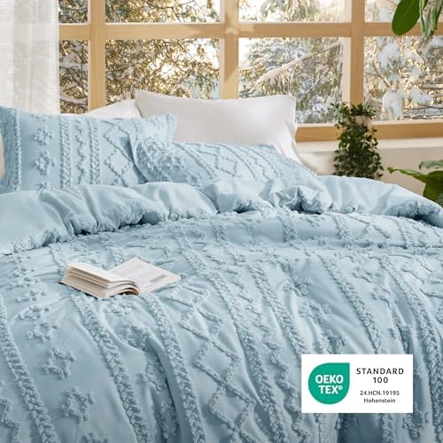 Bedsure Tufted Boho Comforter Set King Size - Sky Blue Boho Bed Set, GentleSoft™ 3 Pieces Farmhouse-Style Embroidery
