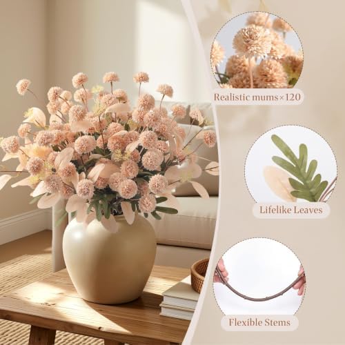 Alupssuc 32 Pcs Beige Faux Silk Mums, Fake Chrysanthemum for Vase
