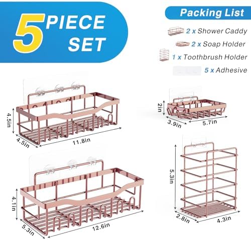 EUDELE 5-Pack Rustproof Stainless Steel Shower Caddy – No Drill Adhesive Bathroom Organizer with Large Capacity