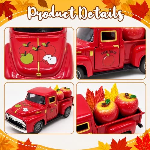 Fall Apple Decor Truck - Apple Decorations - Apple Decorations for Home and Maple Leaves, Farmhouse Autumn Harvest Tabletop Decoration for Thanksgiving Mantel Shelf Tiered Tray Centerpiece