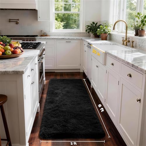 Ophanie Runner Rug for Hallway, 2x6 Bedroom Black Runner Rugs, Non Slip Fluffy Soft Shaggy Bedside Carpet for Kids