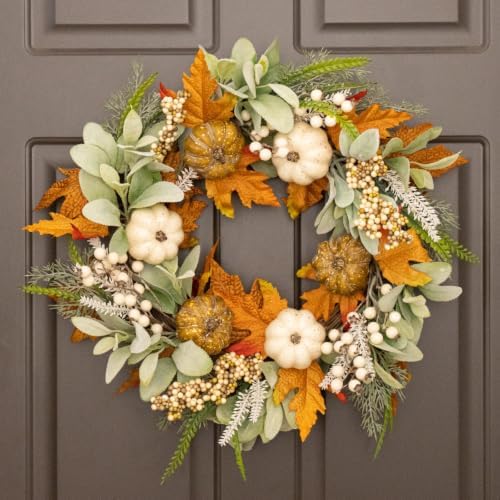 JINGHONG 22" Fall Wreaths for Front Door with Pumpkins Silk Lamb Ears