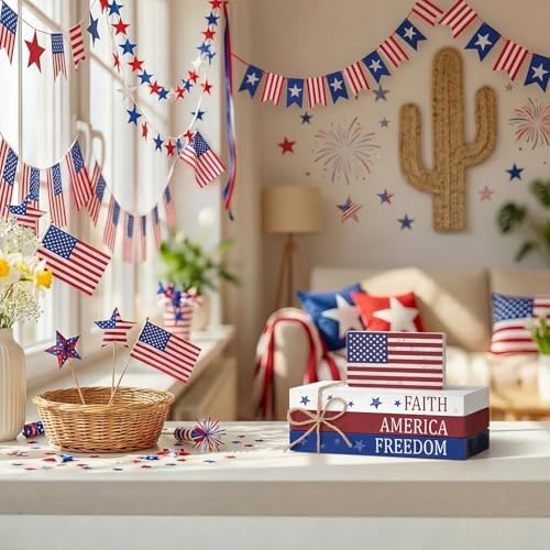 Smile Patriotic Wooden Block Stack with American Flag Decor, 4-Piece "Faith America Freedom" Tiered Tray Tabletop Sign for 4th of July & Memorial Day