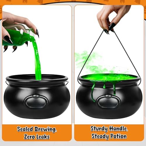 5 PCS Halloween Cauldron with Handle, Black Plastic Candy Holder Pots