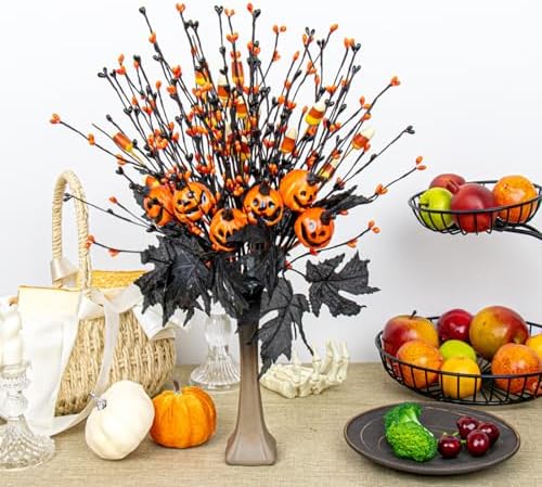 12 PCs Gothic Halloween Flowers Artificial Orange Black Stems Spooky Halloween Floral Picks with Candies Corn Smiling Pumpkins for Vase Floral Arrangements Table Centerpieces Decorations
