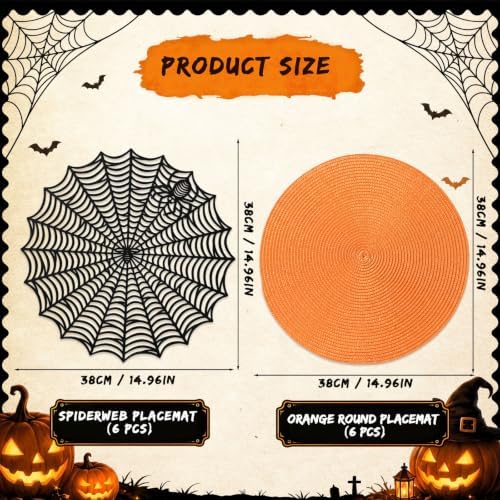 Pickmesh 12 Pcs Halloween Table Decor Orange Black Spiderweb Placemats