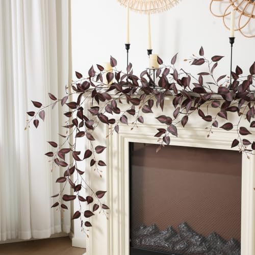 Mizii 2 Strands Artificial Vines Garland 72" Fake Vine with Silk Burgundy Leaves Faux Hanging Plants Greenery Decoration for Outdoors Indoor Room Mantle Table Centerpieces Fall Decor (Burgundy)