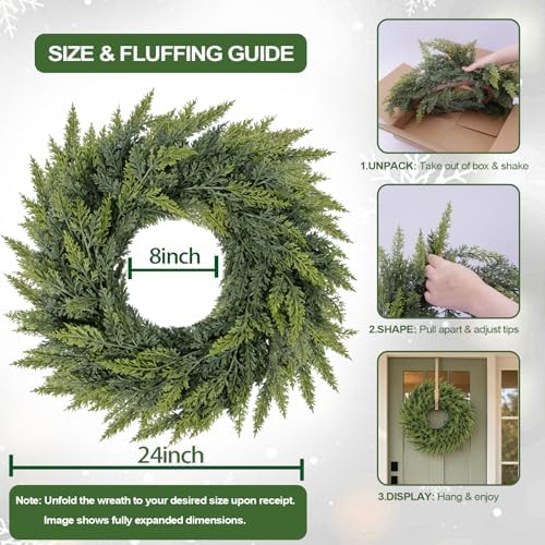Christmas Cedar Wreath for Front Door Decoration, 24 in