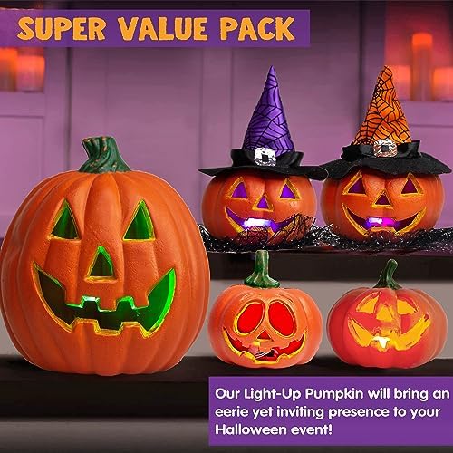 JOYIN 5 Pcs Light Up Halloween Pumpkin Decor Jack O Lantern Decorations Outdoor Indoor, Halloween Props Plastic Pumpkins Large Trick Or Treat Table Top Home Room Party Yards Supplies Favors