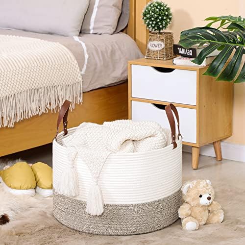 KAKAMAY Large Blanket Basket (20"x13"),Woven Baskets for storage Baby Laundry Hamper,Cotton Rope Blanket Basket for