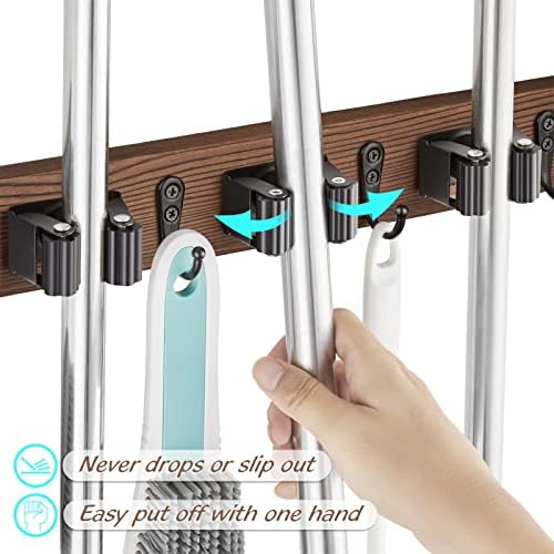 OUTNILI Mop Broom Holder Wall Mount with 3 Slots & 4 Hooks - Wood Broom Mop Hanger for Pantry Kitchen Organization