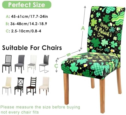 St Patricks Day Chair Covers Set of 4,Lucky Shamrock Chairs Slipcover for Dining Room, Removable Washable Breathable Cover in the Kitchen Restaurant Holiday Decor