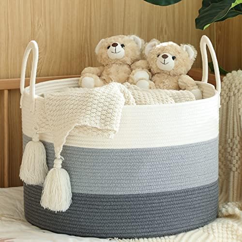 KAKAMAY Large Blanket Basket (20"x13"),Woven Baskets for storage Baby Laundry Hamper,Cotton Rope Blanket Basket for