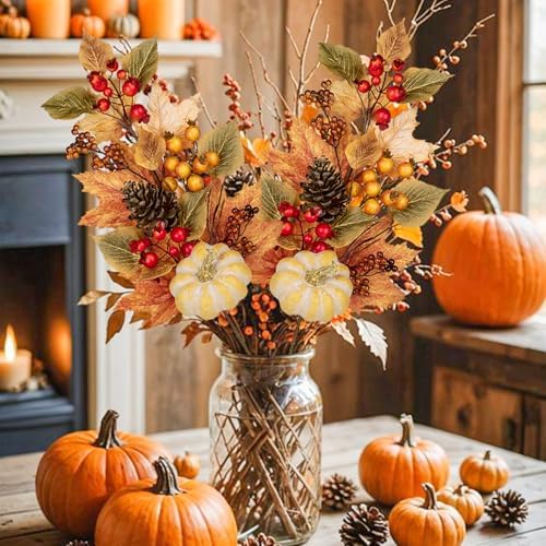 Artificial Fall Branches Fake Pumpkin Maple Beech Leaves Red Berries