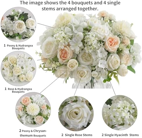 8 Pcs Mixed Artificial Peony Flowers Set-4 Bouquets & 4 Stems, White Fake Peony Rose Hydrangea Flower for Vase Silk Floral Arrangements for Table Centerpiece Wedding Party Bridal Decoration Home Decor