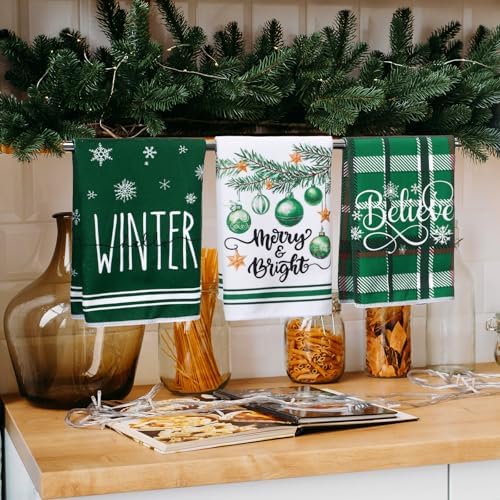 Oudain 6 Pcs Christmas Kitchen Towels Green Plaid Xmas Tree Tea Dishtowels Decorative Winter Bathroom Hand Towels Farmhouse Green Christmas Decorations for Kitchen Bath Home Housewarming Gifts