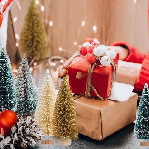 Yahpetes Christmas Trees 24 Pcs Artificial Miniature Pine Trees 4 Sizes Sisal Trees with Wood Base Bottle Brush Trees Tabletop Tree for Crafting Displaying Decoration (Blue-Green,White,Gold 24Pcs)