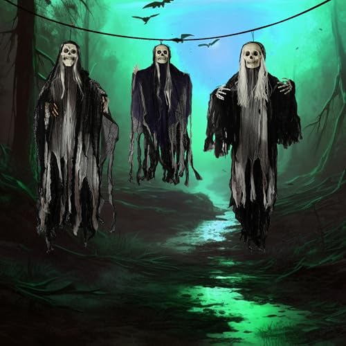 Hourleey 3 Pack Halloween Hanging Skeleton Ghosts Decorations Outdoor