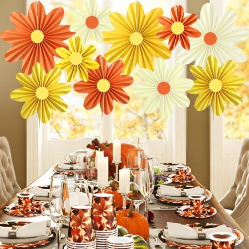 Orange Yellow Paper Flower Decorations Hanging Paper Fans 10Pcs