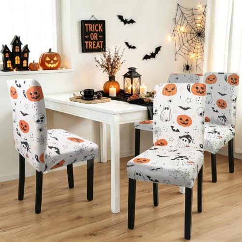 Halloween Chair Covers Set of 4,Pumpkin,Ghost and Skull Dining Chair Protectors,Elastic Removable Washable Dining Chair Covers,Suitable for Halloween Kitchen Dining Room chair Holiday decorations