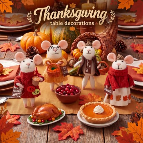 Hahafelt 4 Pcs Fall Felt Mice Ornaments Set Autumn Handmade Wool Mouse