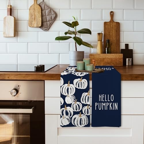 Fall Hello Pumpkin Kitchen Towels and Dishcloths Sets of 2, Navy Blue Pumpkin Fall Decor Decorations Dish Hand Tea Towels Gifts for Bathroom Kitchen, Autumn Aesthetic Fall Decor, 16x24 Inch