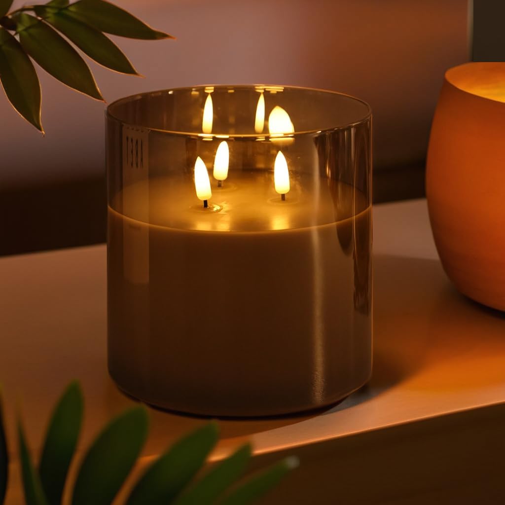 NICEME Extra Large 3 Wick Battery Operated Candle, 6"x6" Big Clear Glass Flameless Candles with Remote, Real Wax