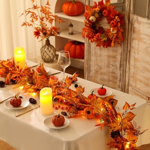 6ft Fall Maple Leaves Garland with Fern, Willow Stems, Berry, Pumpkins, pinecones. Artificial Autumn Harvest Garland for Festivals, Thanksgiving, Halloween, Fireplace Porch Indoor Outdoor Decoration