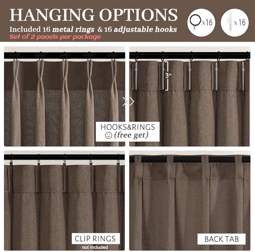 Extra Long 108 Inch Dark Brown Floor to Ceiling Curtains for Living Room, Memory Shape Pinch Pleated Thick Linen Modern