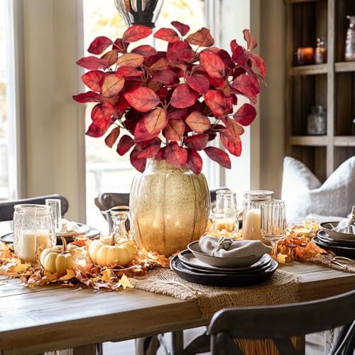 Briful 5 PCS Fall Leaves Artificial Magnolia Leaf Branches, 26" Autumn Fake Plant Stems for Vase Floral Arrangement Kitchen Table Home Fall Decoration