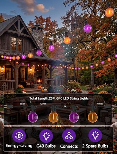 25FT G40 LED Outdoor Halloween String Lights, Orange and Purple Halloween Decorations Lights with 27 Shatterproof Globe Bulbs(2 Spare), Hanging Patio Lights for Holiday Balcony Backyard Party Garden