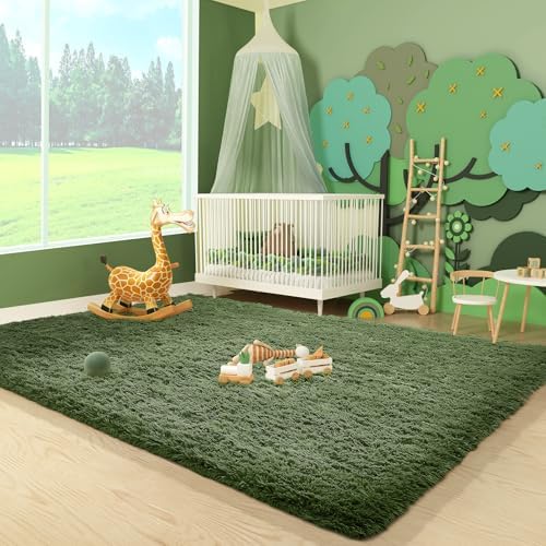 Ophanie Gray Green Grass Area Rugs for Bedroom, 3x5 Shag Fluffy Carpet, Fuzzy Furry Plush Soft Cute Kids Baby Shaggy