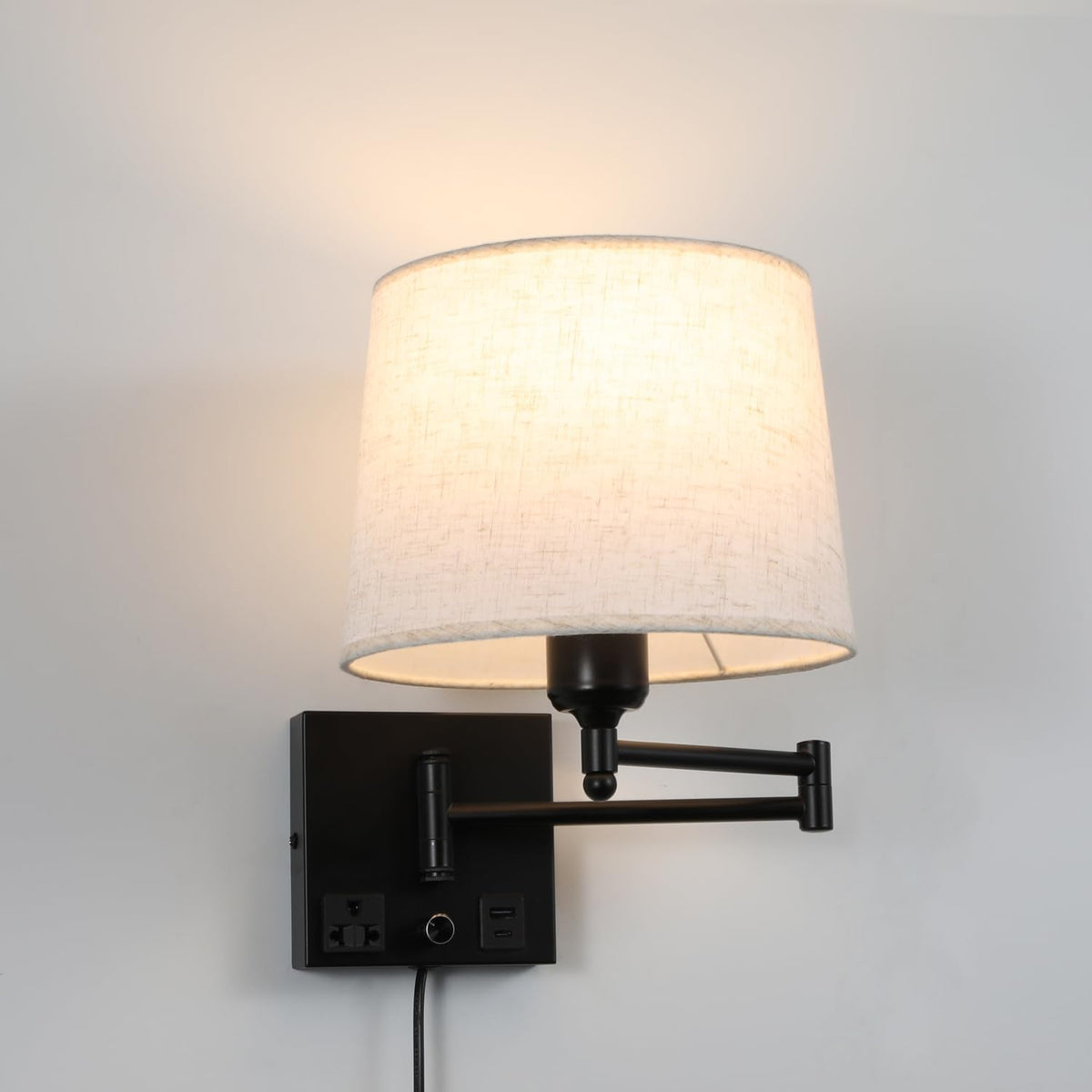 Swing Arm Wall Sconce with Linen Fabric Shade, USB-A & USB-C Charging Ports, Built-in AC Outlet & Rotary Dimmer