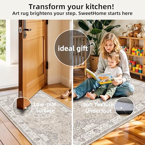 Washable Kitchen Rug Set of 3: Boho Non-slip Soft Stove Sink Mat Light Weight Stain Resistant Carpet for Dog Bowl Area