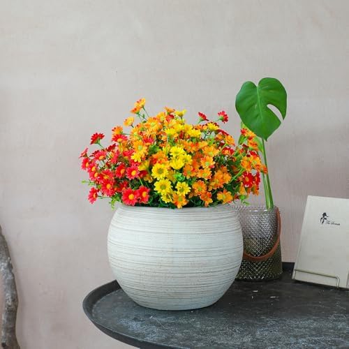 alyptus Faux Flowers Outdoor Artificial Mums – 12 Bundles UV Resistant Fall Flowers for Planter Porch Patio Yard Garden Decoration(Red 5, Orange 5, Yellow 2)
