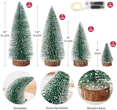 4PCS Mini Christmas Tree with Lights, Bottle Brush Trees, Christmas Table Decorations, Small Christmas Village Trees for Xmas Holiday Party Home Craft (Lighted)
