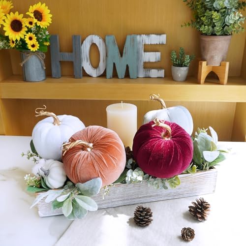 Winlyn Set of 4 Fall Velvet Artificial Pumpkins with Gold Stems Decorative Fabric Pumpkins in Burgundy Bronze Gray White Faux Foam Pumpkins 5" for Autumn Wedding Thanksgiving Halloween Mantel Décor
