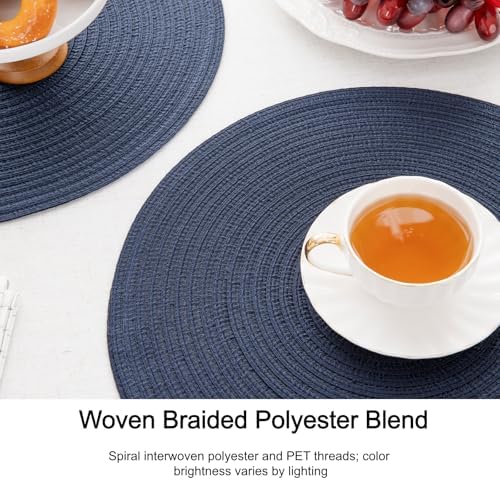 SHACOS Round Placemats Set of 6 Washable 15 inch Circle Polyester Woven Braided Place Mats for Dining Table Indoor Outdoor Table Mats Home Party Wedding Decor (Navy, 6)