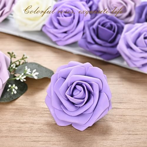BLEUM CADE 16Pcs Artificial Flowers Fake Foam Roses with Stems for Wedding