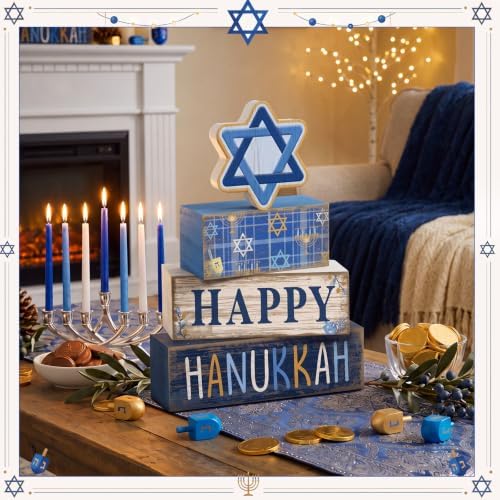 Lineshading 4 Pcs Wooden Hanukkah Block Signs Farmhouse Tiered Decor