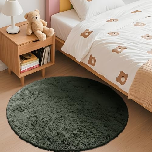 OLANLY Olive Green Round Rugs for Bedroom - Machine Washable, 3 ft Circle Area Rugs for Living Room, Soft and Fluffy