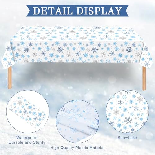 Gistome 3-Piece 54 x 108 Inch Snowflake Plastic Tablecloth – Blue and White Christmas Holiday Disposable Table Cover for Winter Parties, Xmas Dinners, and Indoor Outdoor Decorations