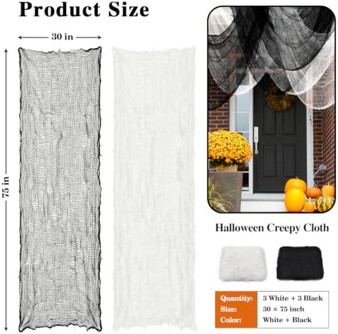 ZeeDix 6 Pack Halloween Creepy Cloth 30 × 75 Inch - Halloween Cheesecloth Decoration Spooky Scary Gauze Cheese Cloth for Party Supplies Outdoor Yard Home Wall Doorway(Black, White)