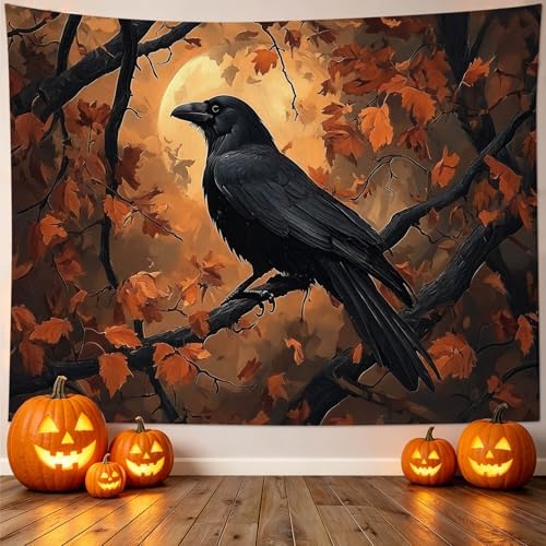 HVEST Fall Halloween Tapestry Wall Hanging Spooky Black Crow on Tree Branch Wall Art Orange Full Moon and Autumn Maple Leaf Tapestry for Bedroom Living Room Dorm Wall Decor, 70.9L X 92.5W inches