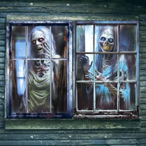 DIYASY 2 Pcs Halloween Window Cover, Scary Ghost Curtain Halloween Decorations for Hoom Indoor Outdoor Party Décor Wall Door Covers Posters Silhouette