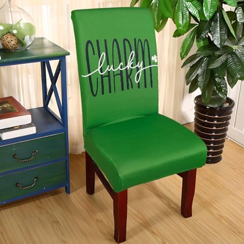 St Patricks Day Chair Covers Set of 6 Shamrock Gnome Dining Chair Seat Cover Stretch Removable Green Chair Slipcover Protector for St Patrick's Dining Room Kitchen Home Decor