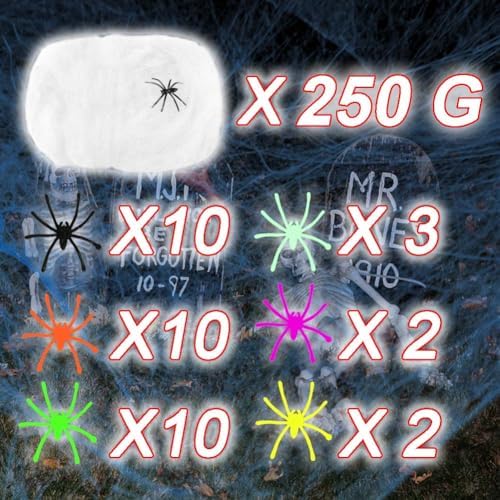 Ahuimeius 800 sqft Halloween Glow Spider Webs Indoor & Outdoor Spooky Spider Webbing with 37 Fake Spiders for Halloween Decorations,White with Blacklight Lamp