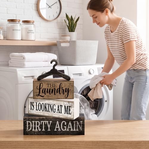 Moucuny 4 Pcs Farmhouse Laundry Room Decor and Accessories Stacked Blocks